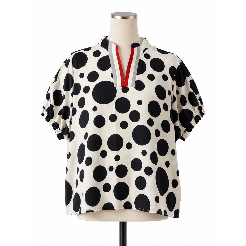 JODIFL Polka Dot Split Neck Blouse Black White Red Trim Puff Sleeve Large